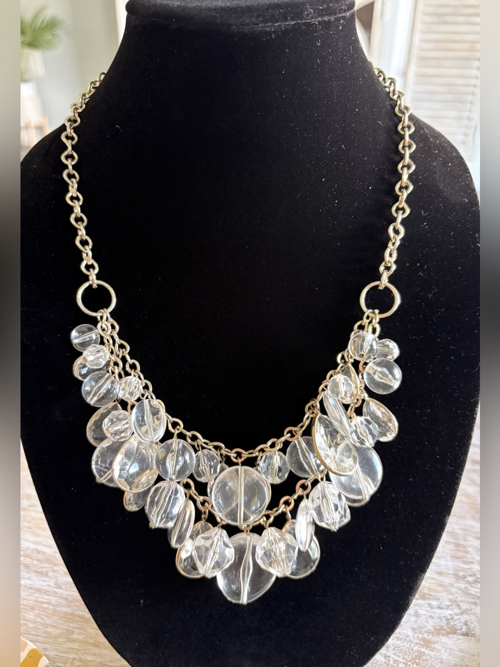 Vintage Premier Designs Crystal Clear Statement Necklace Gold Tone Lucite Dangle
